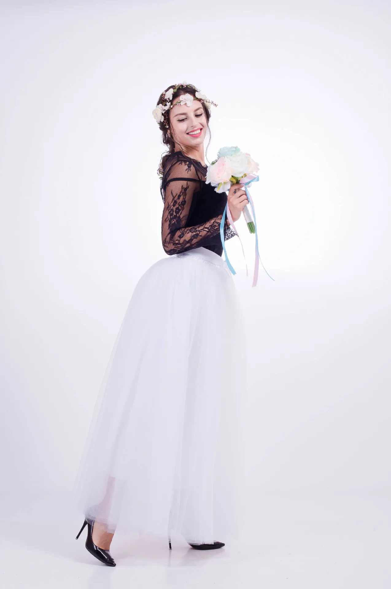 

Summer 7 Layer Tulle Pleated Skirt Womens Fashion Long 2019 Loose casual High Waist Sweet Solid Colour Skirts