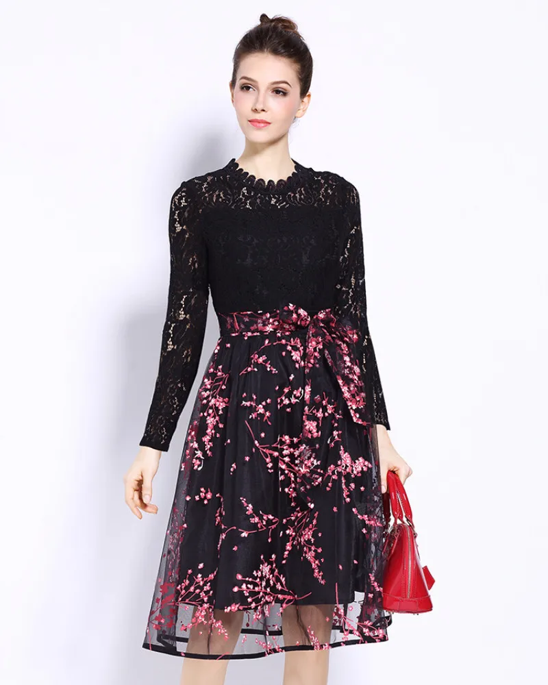 

2019 Print Bow O Neck Mesh Patchwork Dress Sexy Women Large size Lace Full Elegant Night Club Body con Party Dresses Wholesale