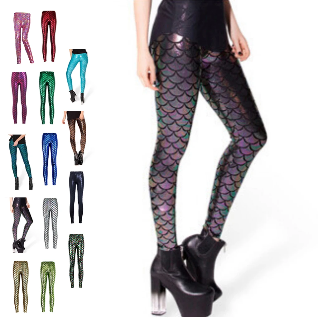 Women Fish scale printing stretch thin shiny mermaid printing Leggings pants