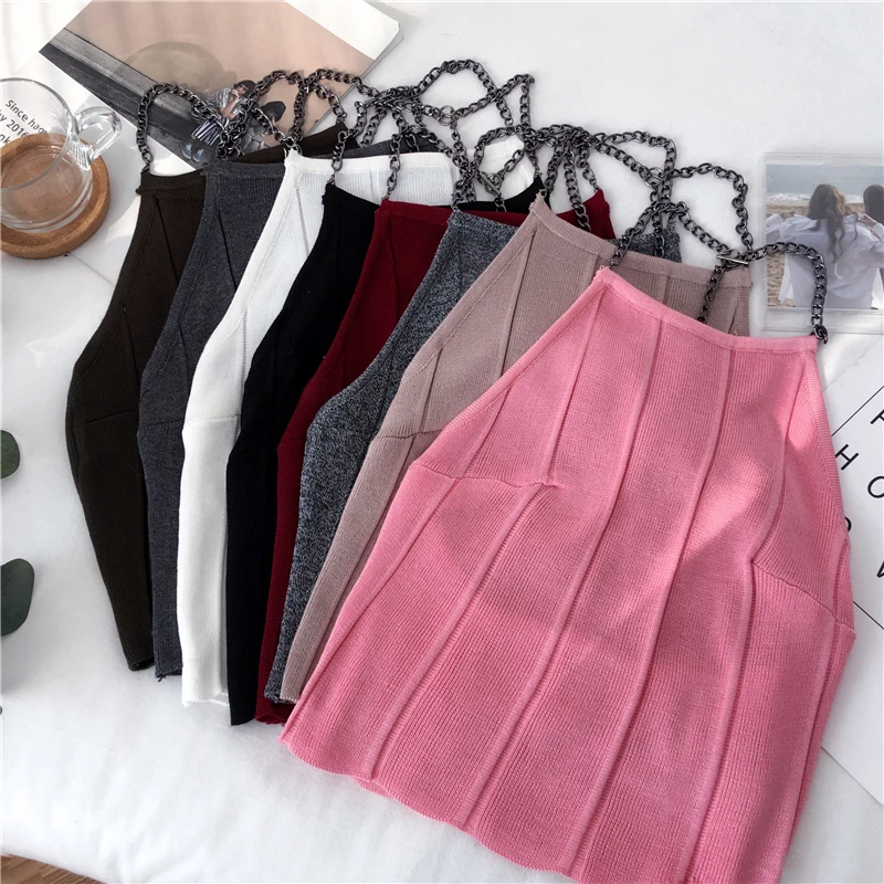 Трикотажные майки Для женщин тонкий Вязание с лямкой на шее; Camisole Топы Женский цепь ремни кроп топы на бретельках, без рукавов, футболки Одежда для девочек
