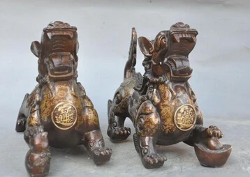 Copper Brass CHINESE crafts decor Asian voge joya 9 &quot fengshui bronce chino riqueza yuanbao perro de foo lion bestia unicornio | Дом и сад