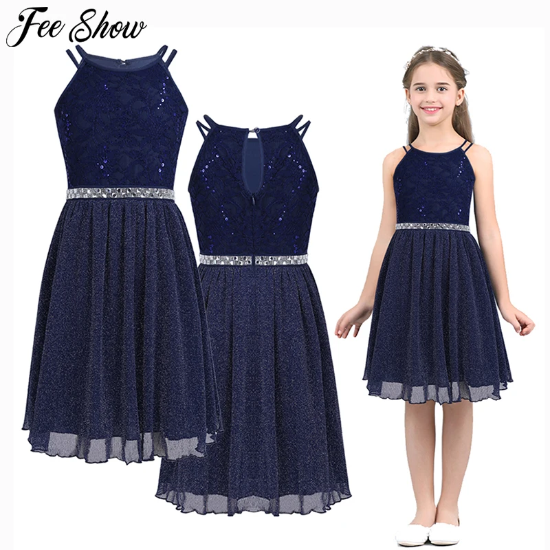 

6-14T Teen Girls Sleeveless Sequined Floral Lace Shiny Dress Vestido de festa for Weeding Formal Birthday Party Summer Dresses