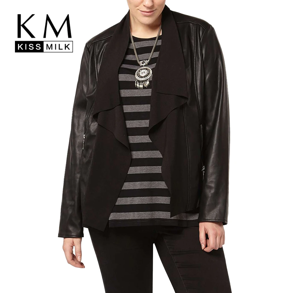 Kissmilk Plus Size New Fashion Women Autumn Slim Short Leather Splice All match Solid Black Streetwear Coat 3XL 4XL 5XL 6XL|coat|streetwear