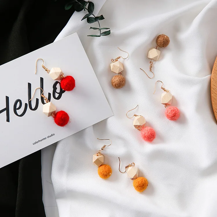New Design Square Raw Wood Split Joint Polychromatic Earrings Multi Color Ball Eardrop Fro Woman Gift | Украшения и аксессуары
