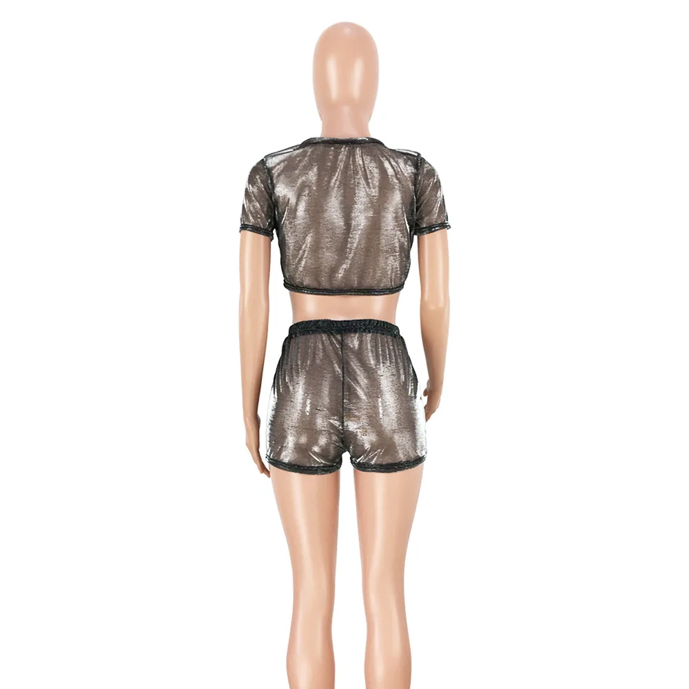 INMOTENG See Through Mesh Sexy 2 Piece Set Summer Short Sleeve Crop Top Matching Pants Women Party Dream Color Outfits XXL |