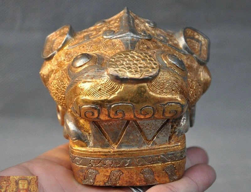 Китайская Бронзовая Золотая Позолоченная серебряная голова зверя костыль