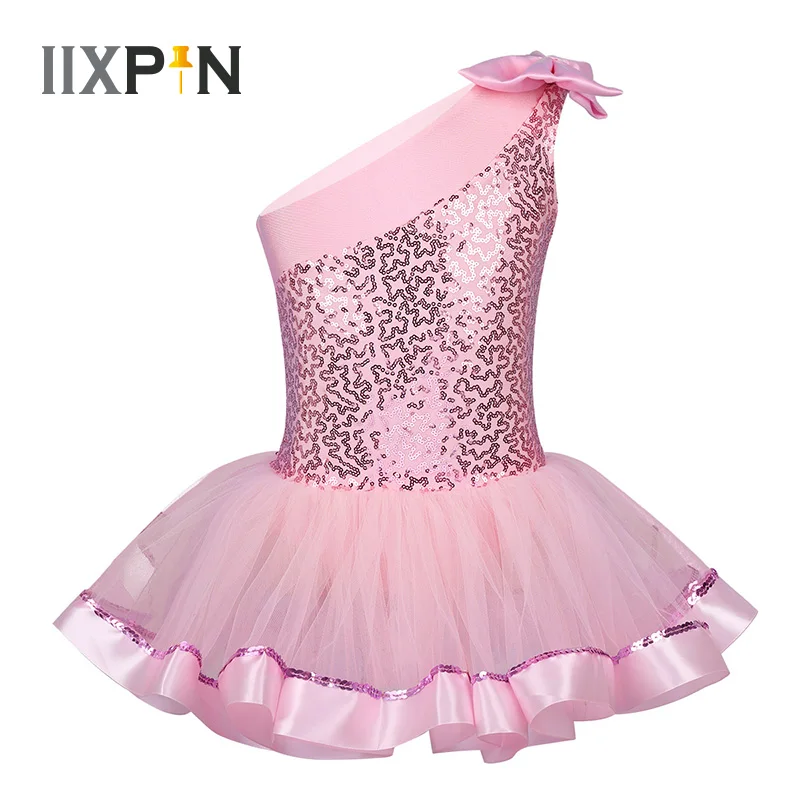 

IIXPIN Girls Ballet Leotard Dress Kid Ballet One Shoulder Bowknot Shiny Sequins Ballet Dance Gymnastics Leotard Tutu Dress Girls