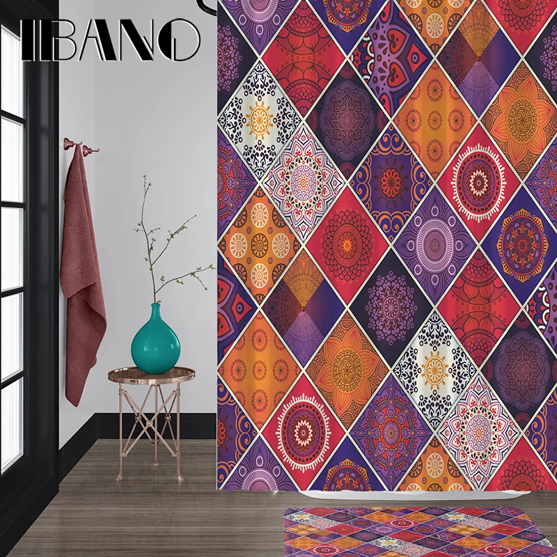

IBANO Vintage Mandala Shower Curtain Waterproof Polyester Fabric 180x180cm Bath Curtain 40x60cm Mat For The Bathroom Curtain.