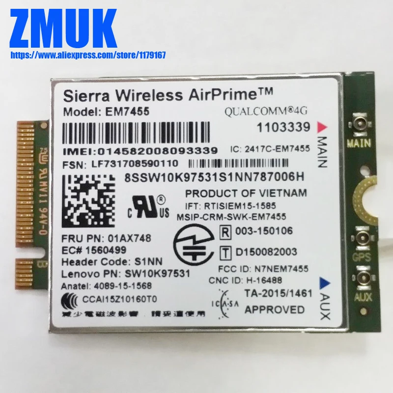 EM7455 RV2 4G WWAN карта для Lenovo Thinkpad L470 L560 L570 P40 P50 P51 P51S P70 P71 T460 T460P T470 T570 X270 Series P/N 01AX748 |