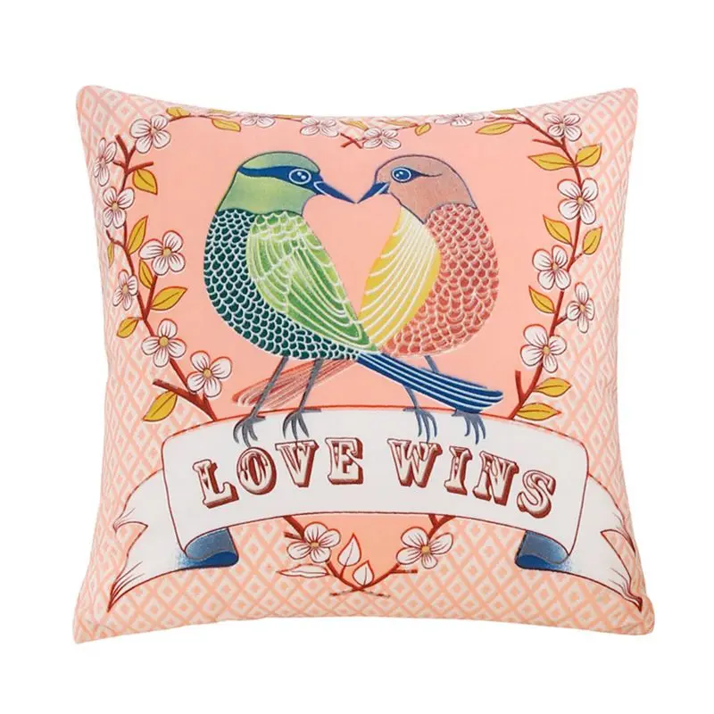 Подушка с принтом в виде птицы Love Wins из хлопка и льна квадратная подушка