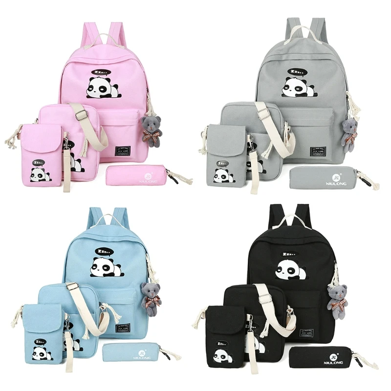 

4 pcs / set Canvas Women Backpack Girls Cute Panda Teenage Book School Backpack Bagpack Print Shoulder Backpack Women's Backpack