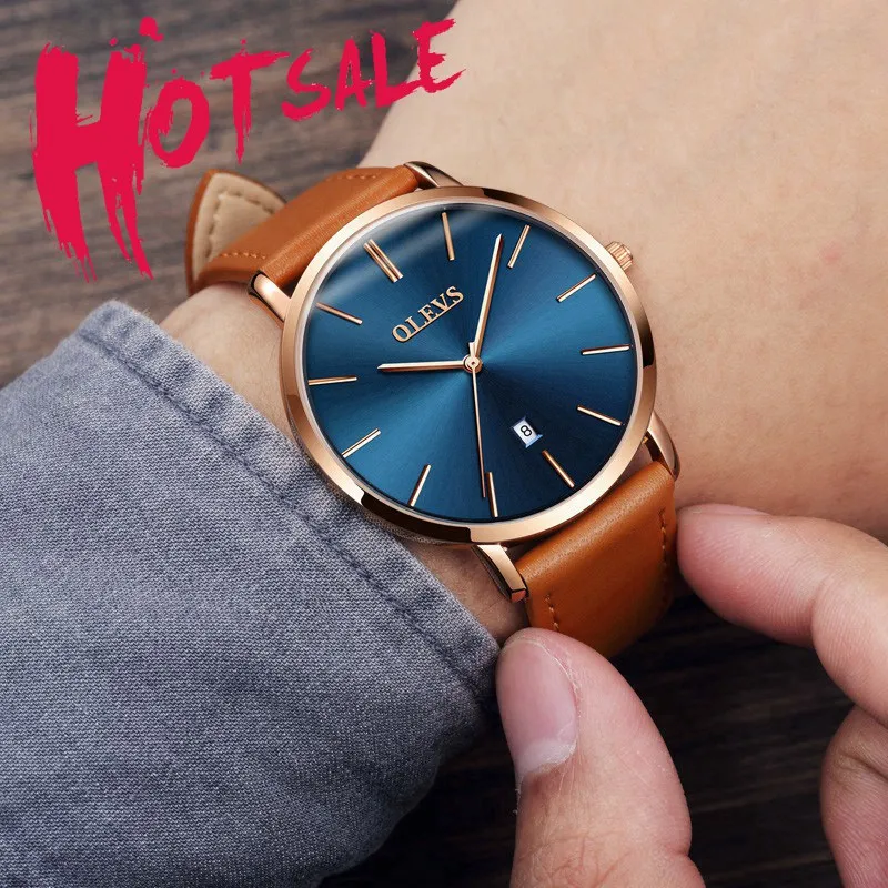 yellow gold blue Для мужчин Часы Элитный бренд olevs кварцевые Пояса из натуральной кожи ремень минималистский ультратонких наручные Часы Водонепроницаемый высокое качество Relogio - Цвет: yellow gold blue