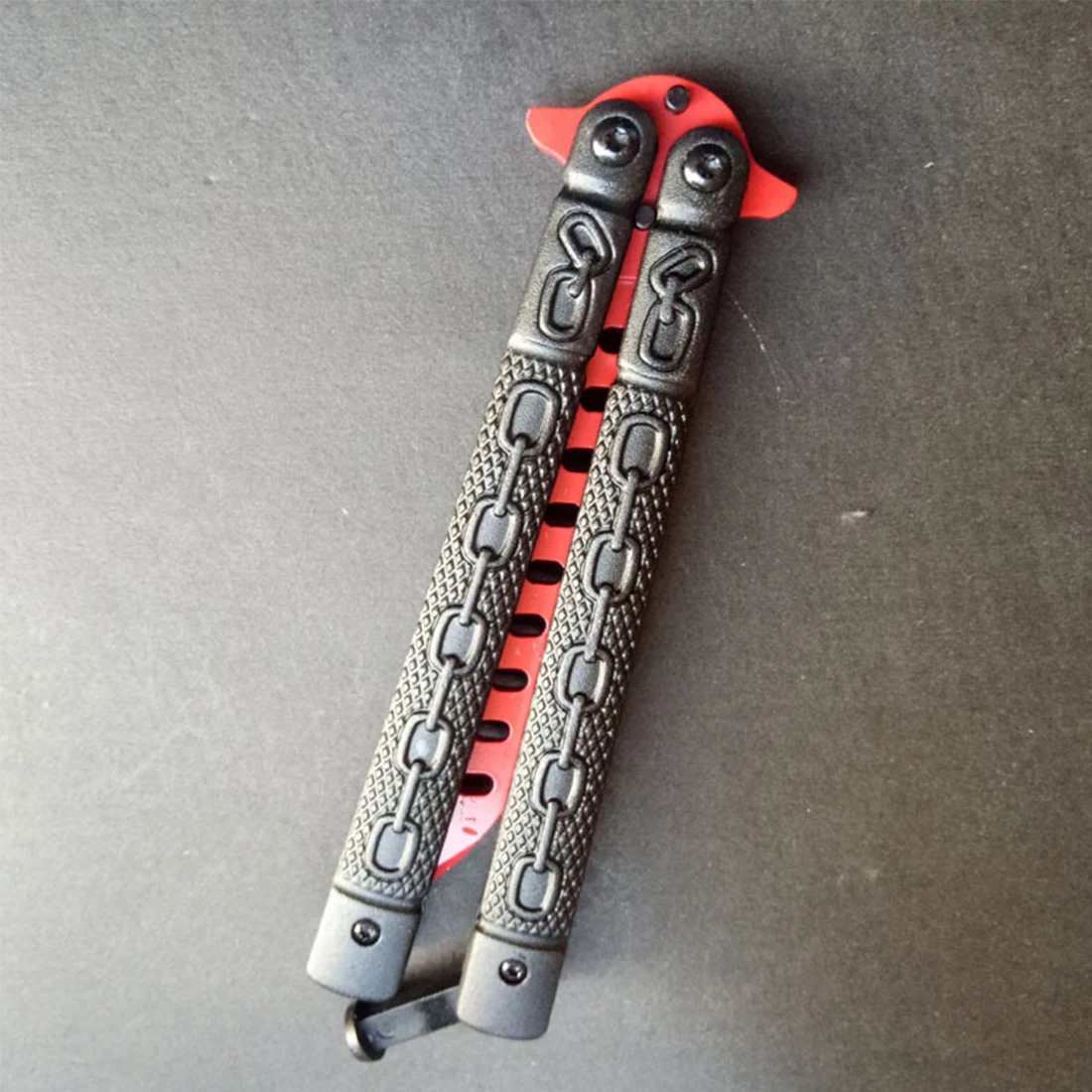 

230 mm Stainless Steel Butterfly Style Dull Blade Knife Tool Outdoor Trainer Training Practice Go Practice Red Blade Chain Knife