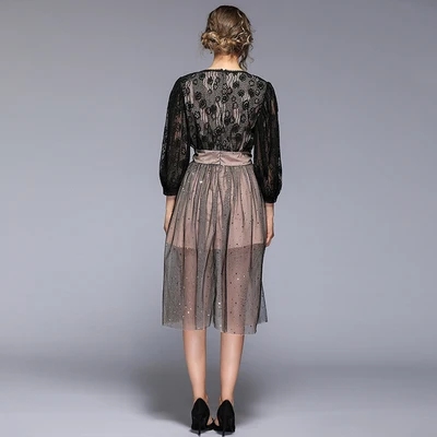 2019 New Summer Fashion Women Lace Mesh Patchwork Party Dress Vintage Lantern Sleeve V-neck Black Princess | Женская одежда