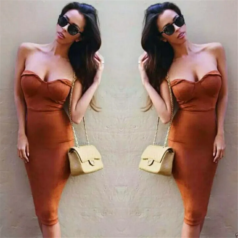 2018 осень-зима леди платье Сексуальная мягкой замши миди Для женщин рукавов Bodycon