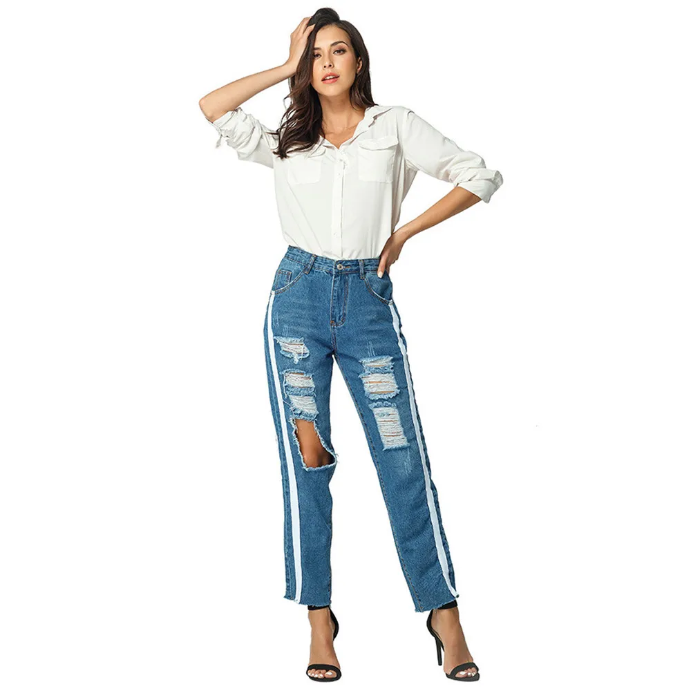 Женские удобные джинсы в полоску с высокой талией больших размеров Прямые рваные