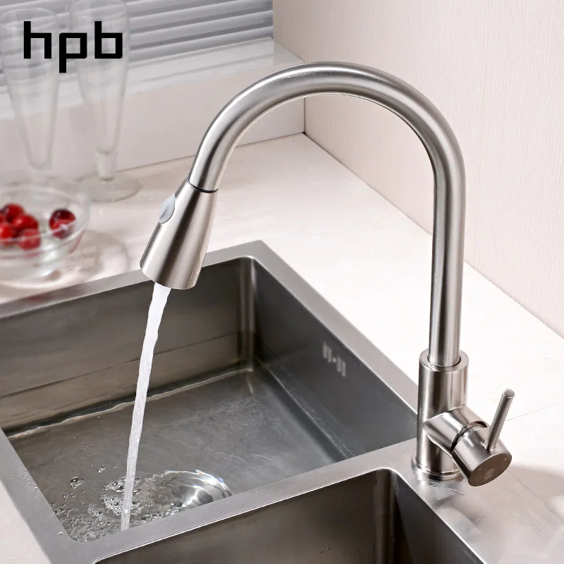 HPB Pull Out Kitchen Faucet Mixer Tap Rotatable Single Handle Sink Brass Chrome Brushed Finish Hot and Cold Water HP4104 | Обустройство