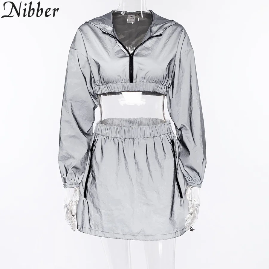 Nibber/хит, пуловер с капюшоном, топ и низ, комплект из 2 комплектов, светоотражающий короткий жакет, юбка, костюм, новая женская модная юбка, рубашка