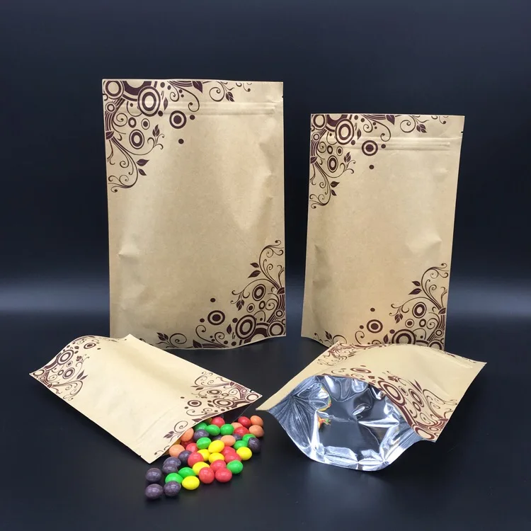 100 шт. стоячий пакет из крафт бумаги для упаковки пищевых продуктов с цветочным