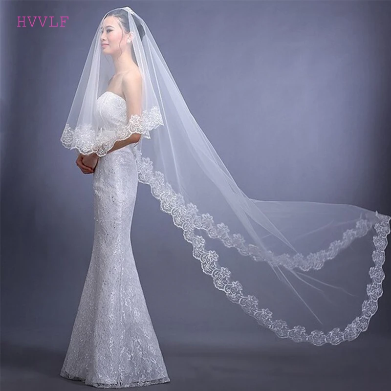 

Chapel Long Wedding Veils Cheap Lace Appliques One Layer Ivory Lace Edge Bridal Veil Wedding Accessories