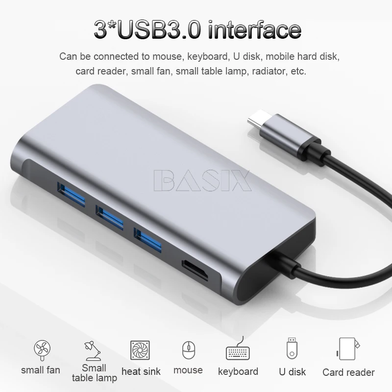 Basix USB C концентратор USB 3,1 type C к HDMI/USB 3,0/RJ45/SD/TF/PD адаптер для Macbook Pro huawei P20 samsung S8 type-c концентратор