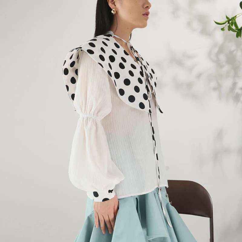 TWOTWINSTYLE Лоскутная рубашка в горошек Женская шаль со шнуровкой Ruched фонарь рукав