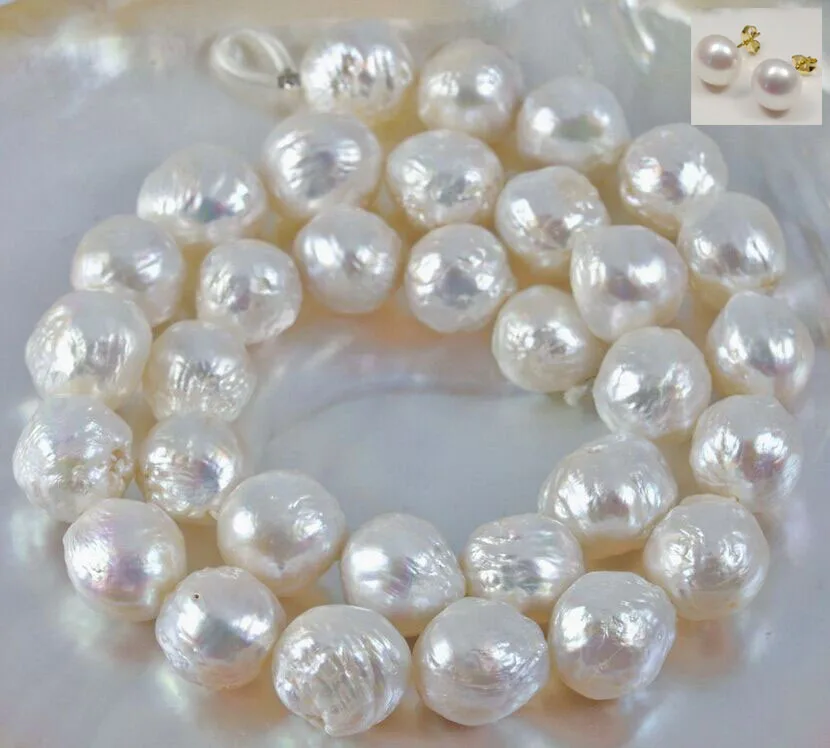 

baroque AAA 18 12-11MM NATURAL SOUTH SEA white PEARL NECKLACE earring