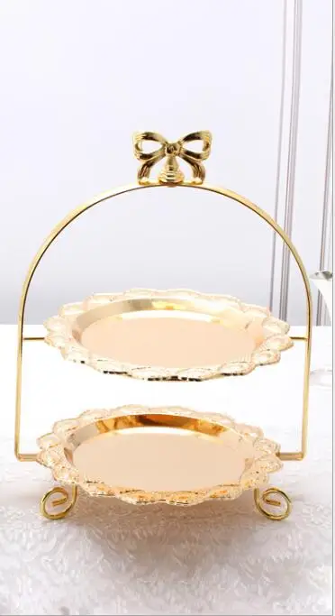 gold with B tray Мода 2 слоя золото/серебро металлическая, для подставки для пирожных декоративный торт лоток лотки для хранения конфеты бар аксессуары стеллаж для хранения DGP0103 - Цвет: gold with B tray