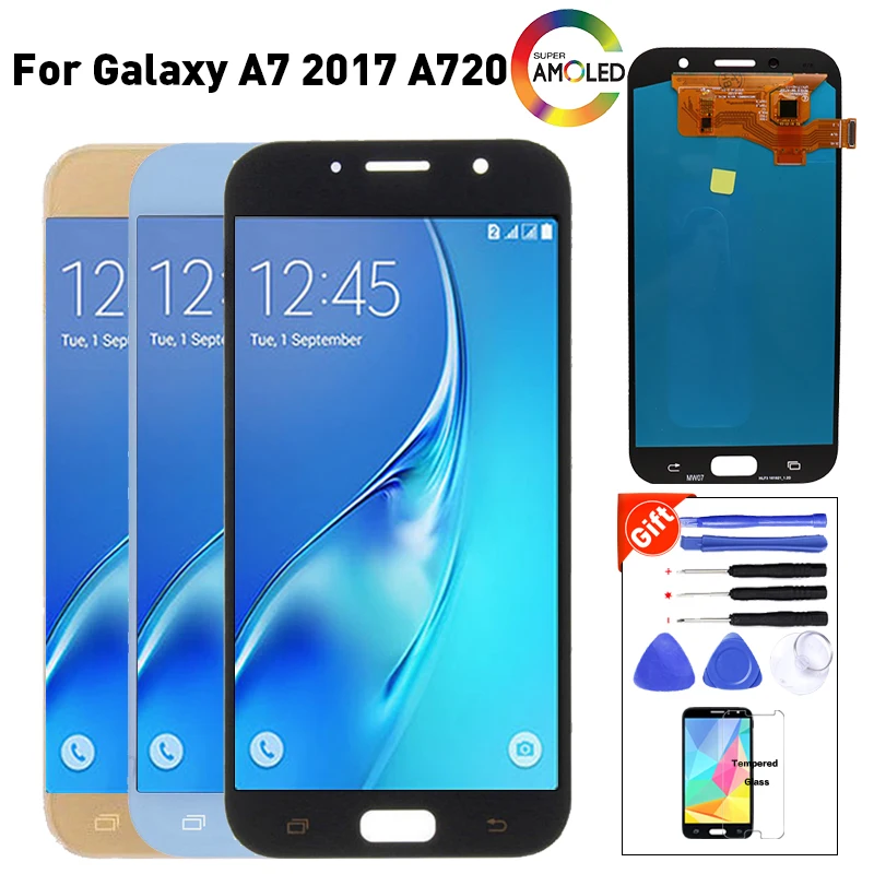 Супер AMOLED A720F ЖК-дисплей для Samsung Galaxy A7 A720 A720F A720M lcd s кодирующий преобразователь сенсорного экрана в сборе+ защитное стекло