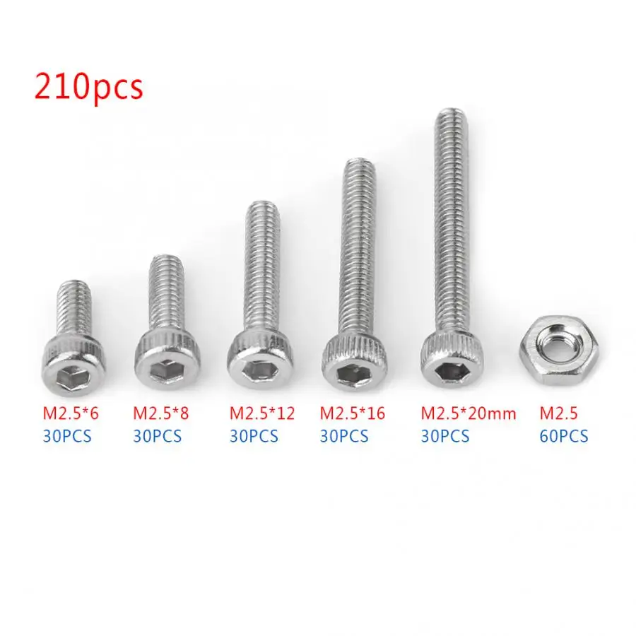 Болты и гайки 210 шт./компл. M2.5 из нержавеющей стали SS304 набор винтов с шестигранной