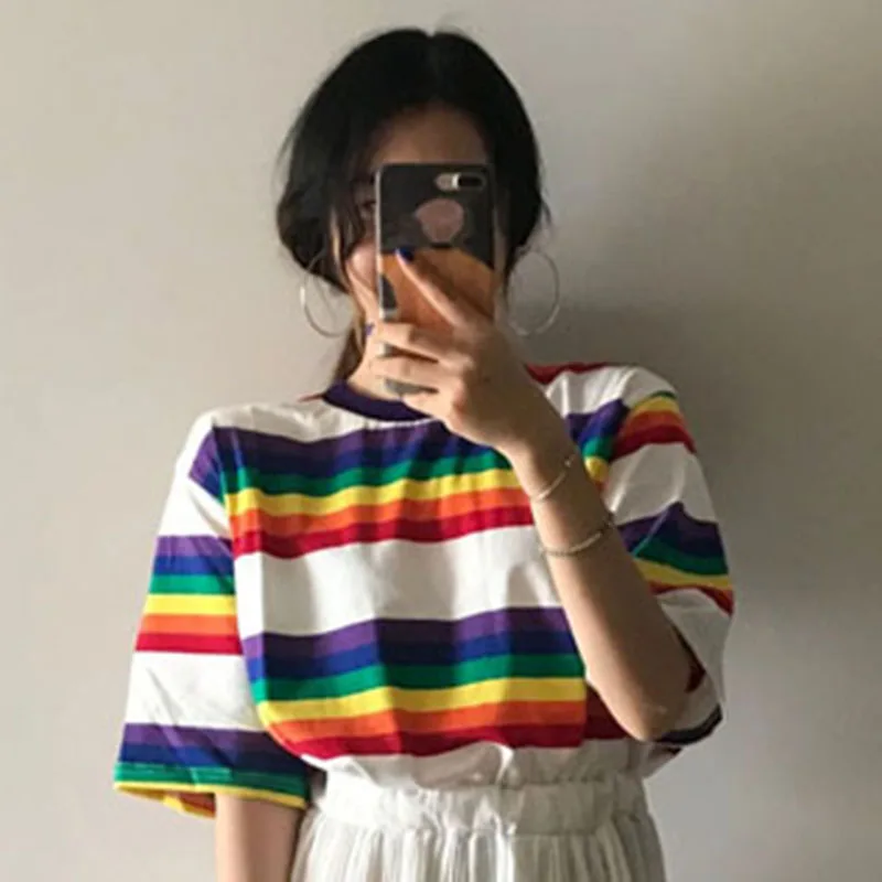 Harajuku радужные полосатые топы с коротким рукавом женские летние футболки