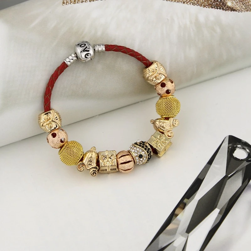 National Red Leather Rope Luxury Gold-color Beads Women Charm Bracelets Mother's Day Gift | Украшения и аксессуары