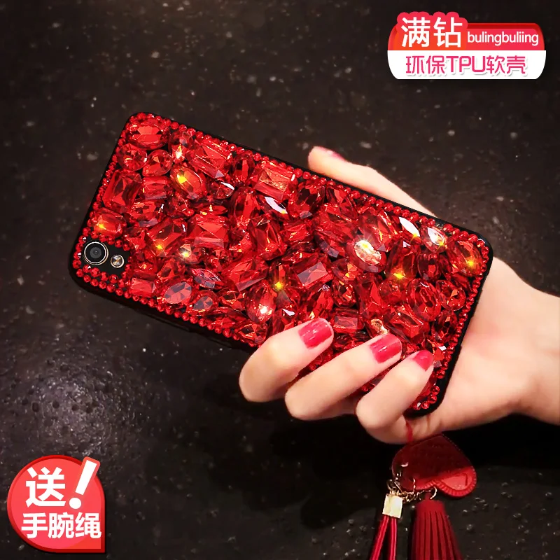 case for iPhone 5C 6 6s 7 8 Plus 11 Pro X XR XS Max Ruby Diamond Designer Rhinestone Red Women Detachable Wrist Strap |