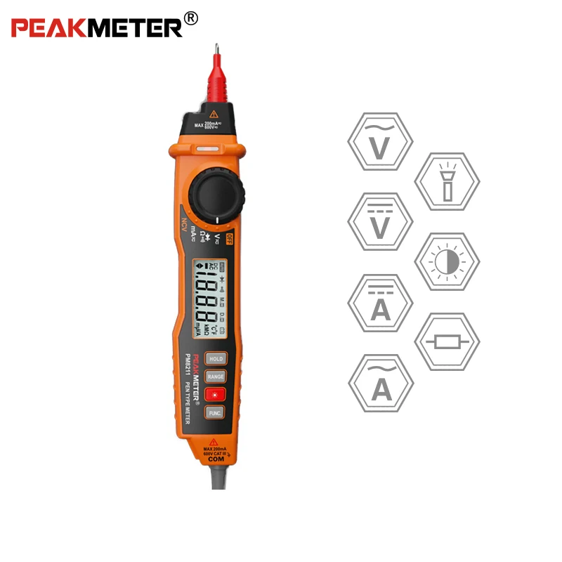 NCV цифровой мультиметр, Peakmeter PM8211 2000 отсчетов Ручка Тип lcd DC/AC напряжение Мегаомметр Амперметр мультитестер