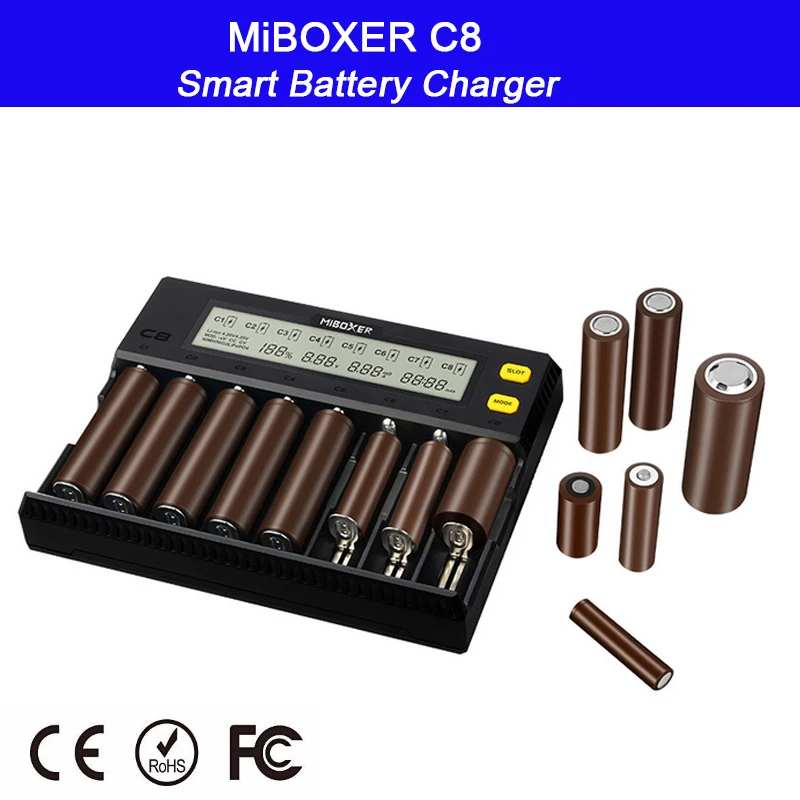 

Intelligent Battery Charger 8 Slots LCD Display MiBOXER C8 for Li-ion LiFePO4 Ni-MH Ni-Cd AA 21700 20700 26650 18650 17670 RCR12