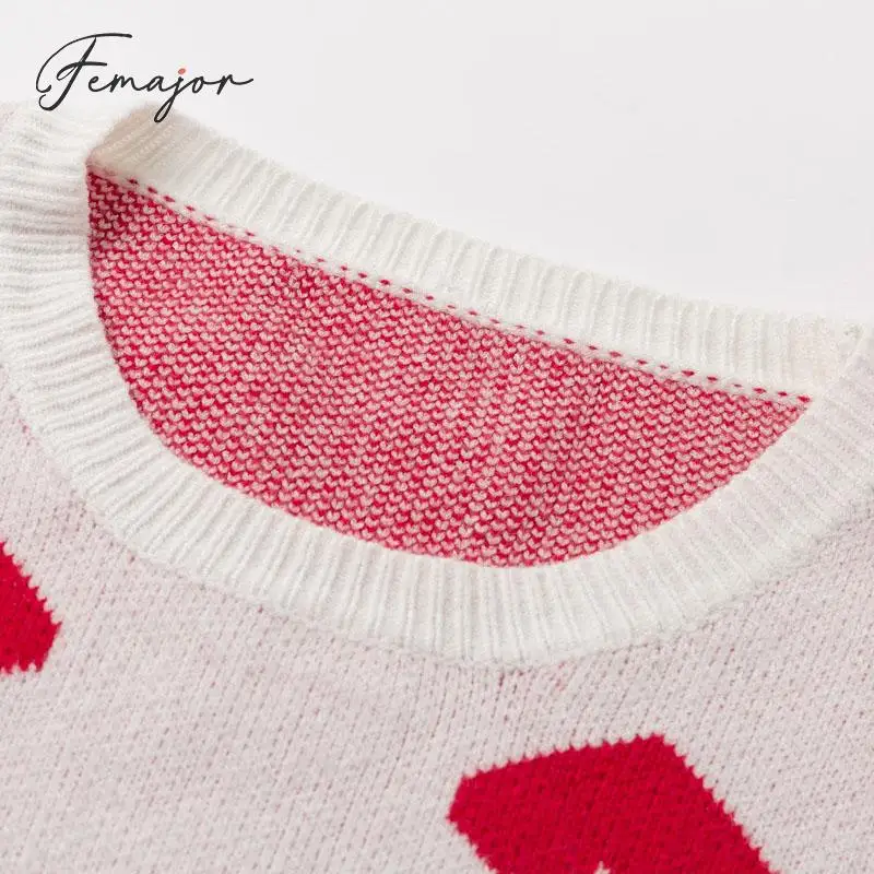 Femajor Women Sweater Autumn Winter Red heart Crochet Casual High Street Loose Lantern Pullover Female White Jumpers | Женская одежда