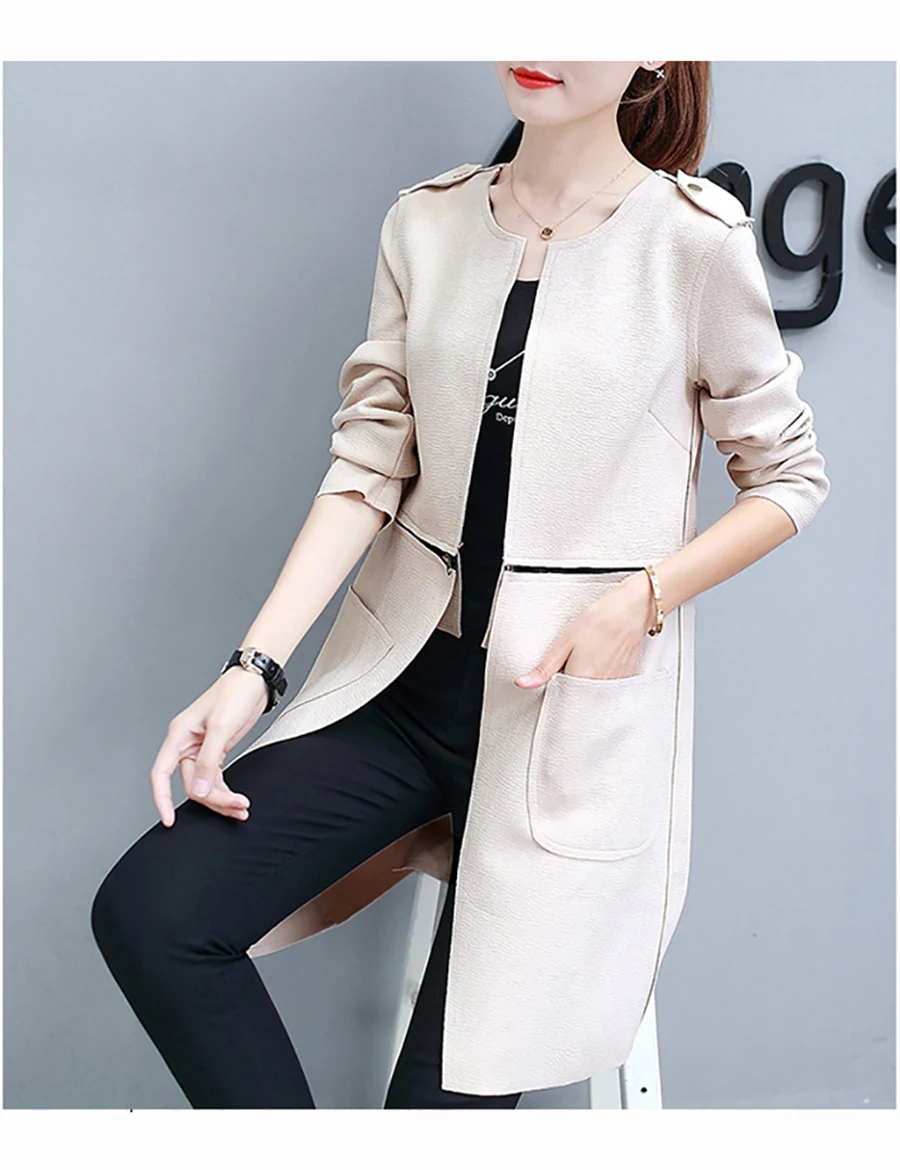 Для женщин Тренч Тонкий сплошной цвет Кардиган с круглым воротом дикий длинный