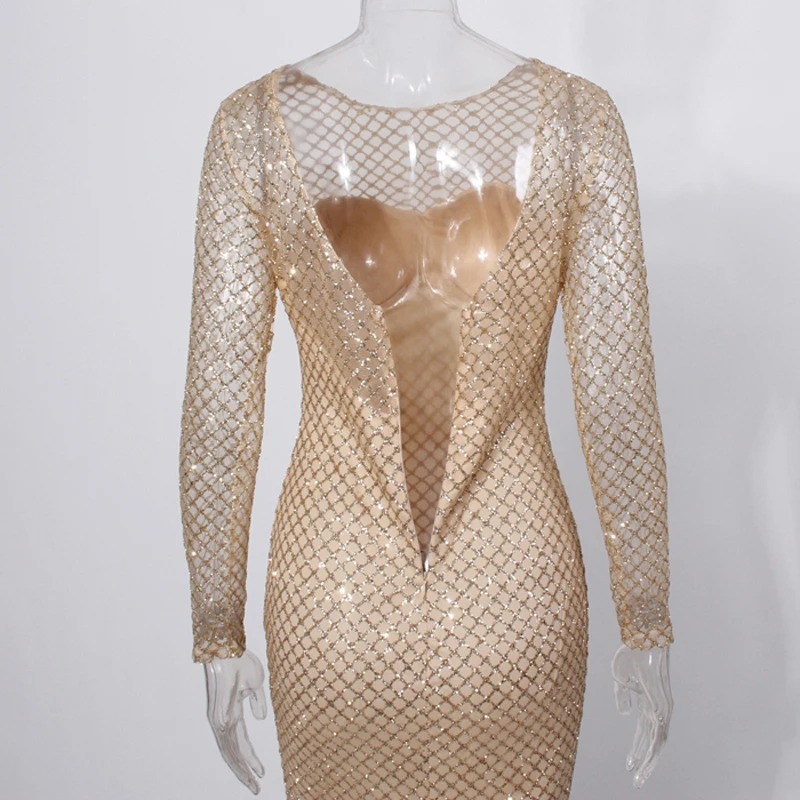 

Full Sleeved Backless Mermaid Dresses Hollow Out Gold Glittered Maxi Dress Glitters Floor Length Evening Party Dresses