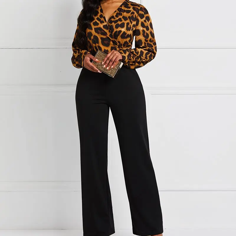 С пикантным леопардовым комбинезон Для женщин с длинным рукавом Офис Винтаж