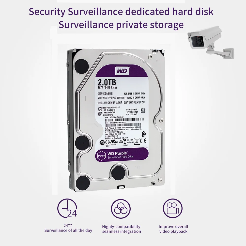 Западный цифровой WD фиолетовый HDD для наблюдения 3 5 &quotТБ 5400RPM SATA 6 ГБ/сек.