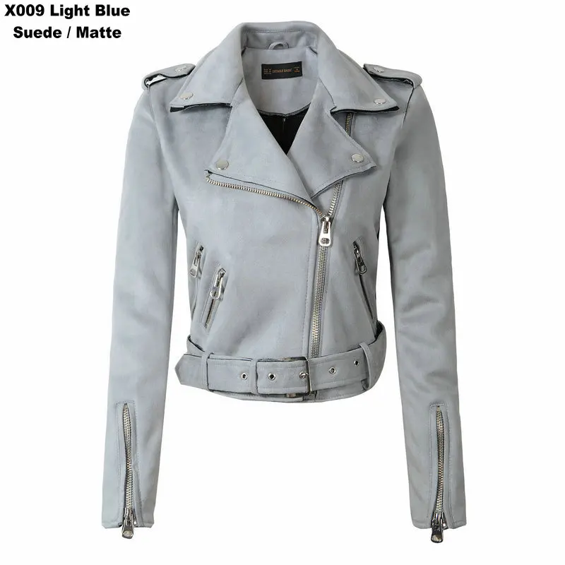 X009 Light Blue Высокое качество Женские Байкерские Куртки из искусственной замши женские мотоциклетные матовые Куртки из искусственной кожи на молнии с поясом серая уличная одежда - Цвет: X009 Light Blue
