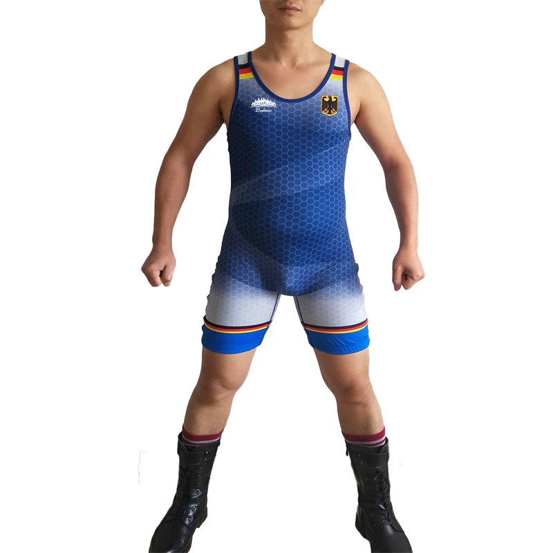 Синий Германия настраиваемая борцовка Singlet трико униформа Одежда для тяжелой атлетики плотный костюм - Цвет: Синий