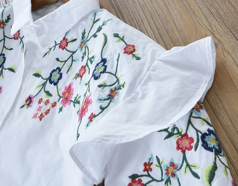 

Spring New Arrival Fashion Girls Delicate Flowers-embroidery White Blouses Kids Lantern-sleeve White Cotton Shirts