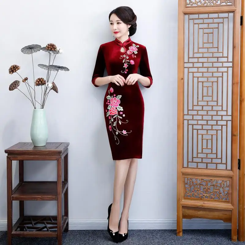 Осень Зима размера плюс бархат Qipao Элегантный женский китайский ручной работы Кнопка Тонкий Cheongsam Винтаж с цветочным принтом вечернее платье - Цвет: Style 6