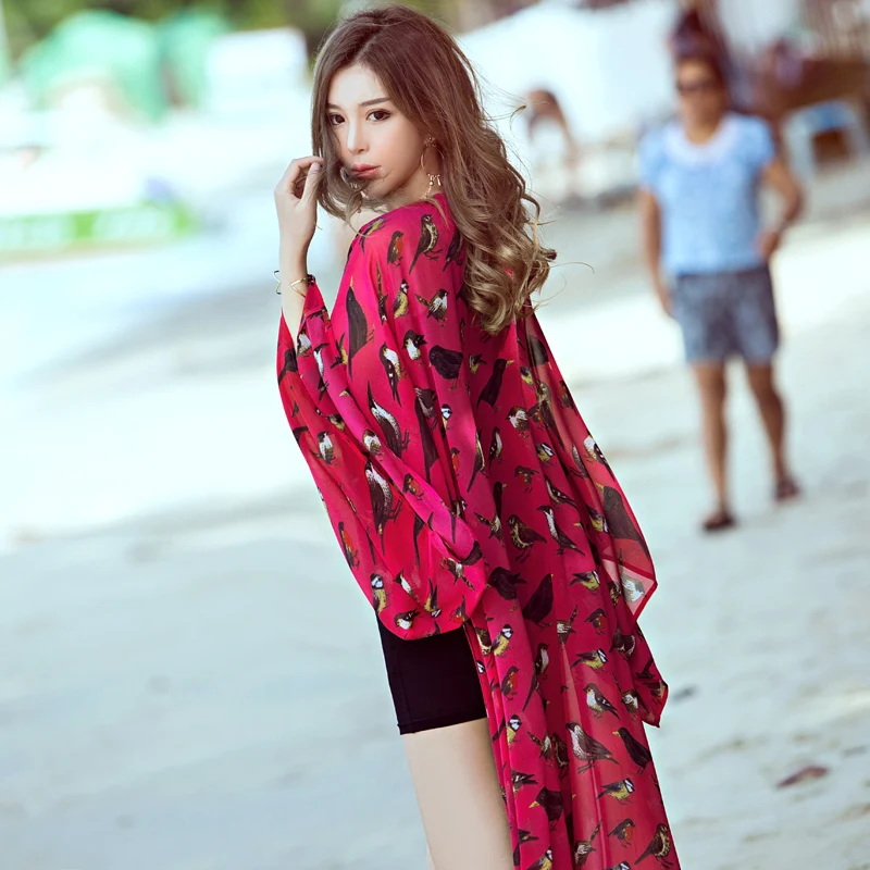 Женский шифоновый кардиган с принтом птиц Свободное длинное пляжное платье лето