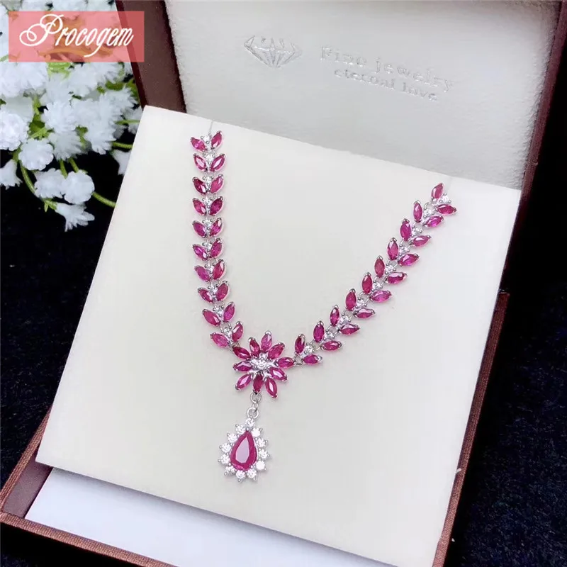 

Natural ruby necklace 31pcs gems 925 sterling silver Luxurious Genuine Gemstone necklace for wedding Female fine Jewelry gift