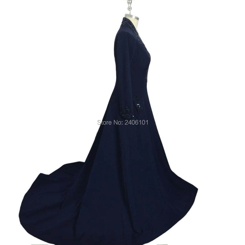 Navy Blue Satin Evening Dresses Embroidery Plunging V Neck Full Sleeve Beaded Formal Floor Length Wedding Party Dress | Свадьбы и