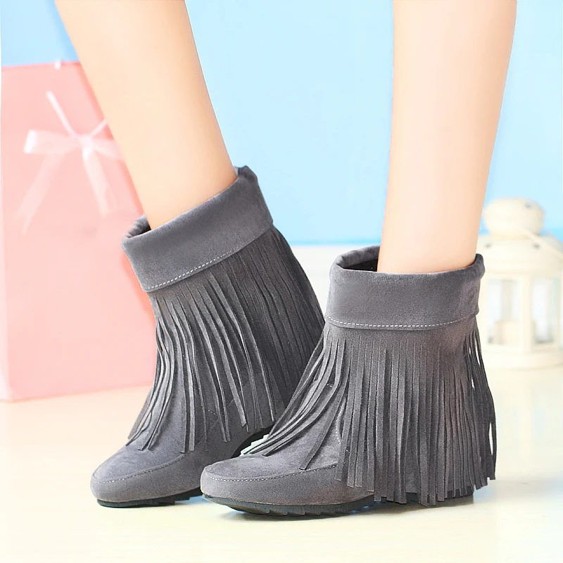 Winter plus size 11 12 13 14 15 16 Flock fashion Fringe Height Increasing Ankle Med Heels Boots Snow | Обувь