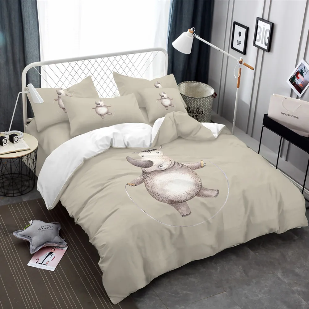 Cartoon Bedding Set Rhinoceros rope skipping Duvet Cover Animal Bedsheet Bed Covers Pillowcase Bedclothes Home Decor 3/4pcs | Дом и сад