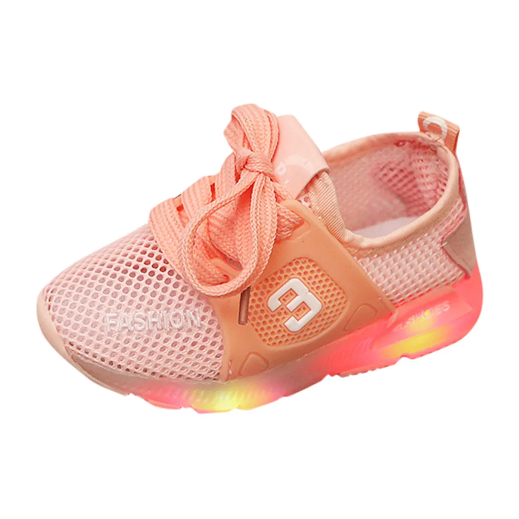 Розовый Toddler Kids Baby girls shoes Mesh Breathable LED Luminous Sport Shoes Sneakers shoes with light zapatos deportivos niña#XB30 - Цвет: Розовый